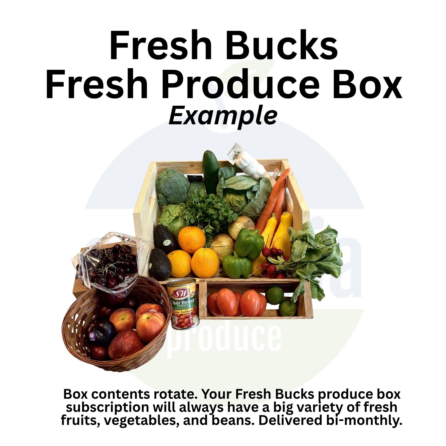 A Cascadia Fresh Bucks box packed with fresh fruits and vegetables